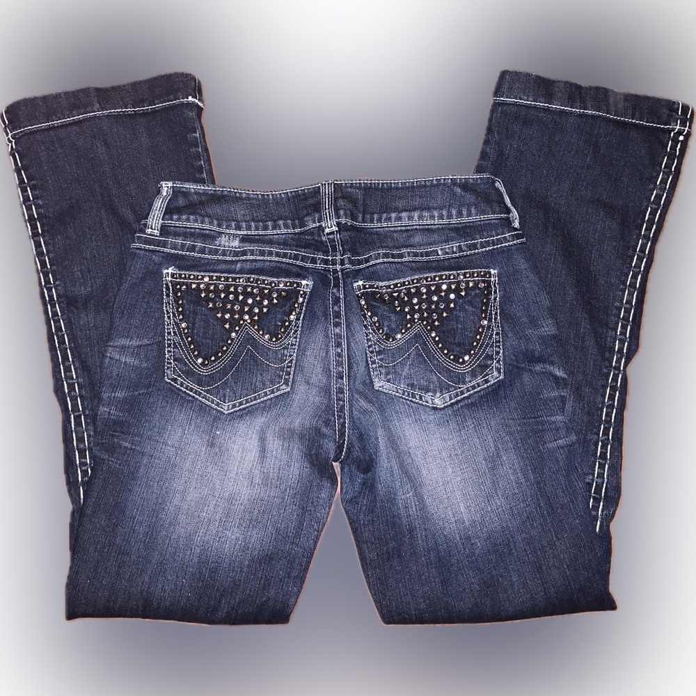 Wrangler Premium Patch Studded Bejeweled Distressed Y2K Flare Low Rise Jeans 5/6 - Picture 5 of 11